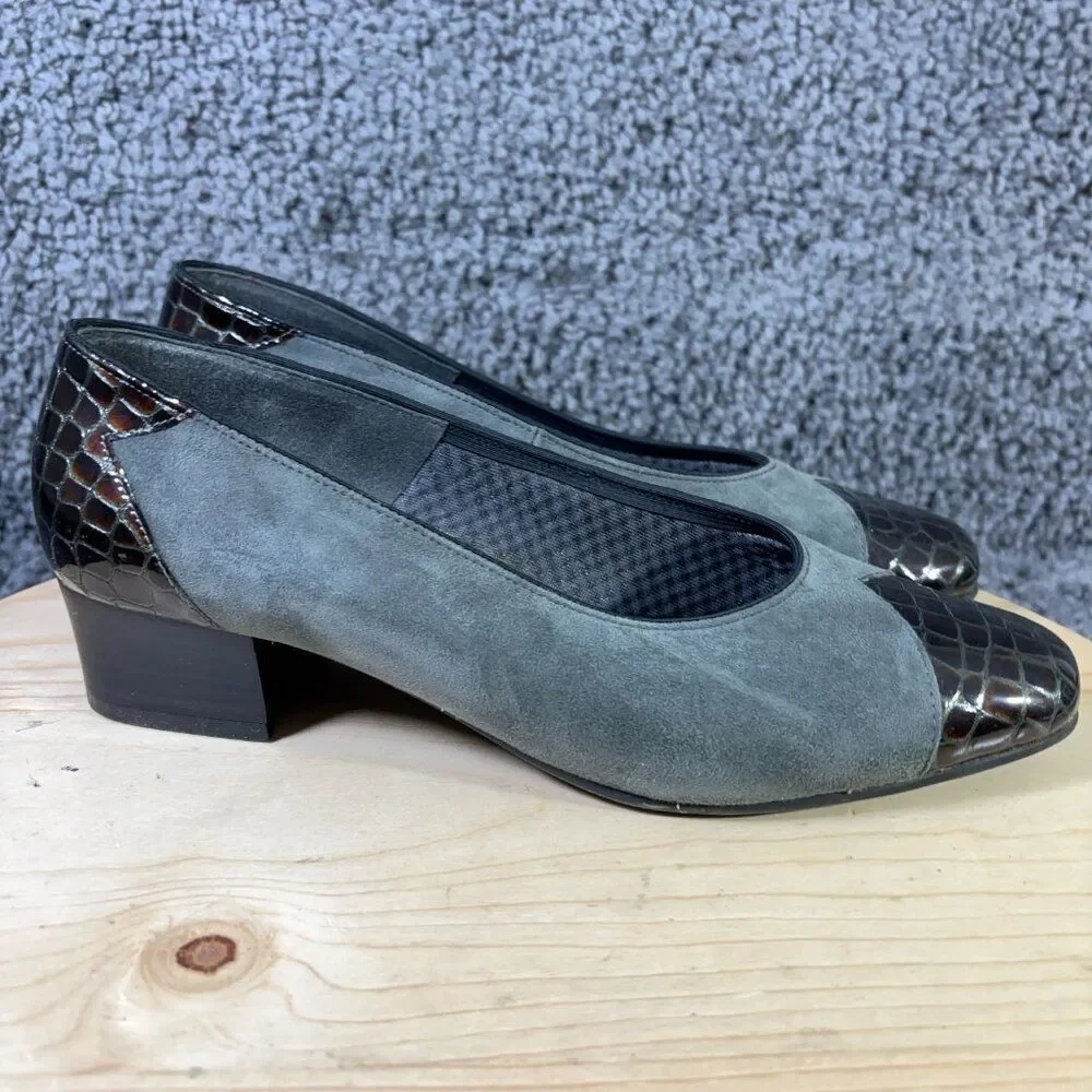 Jenny Pumps Womens 8 Gray Suede Brown Croc Print Low Heel Shoe Made in Germany